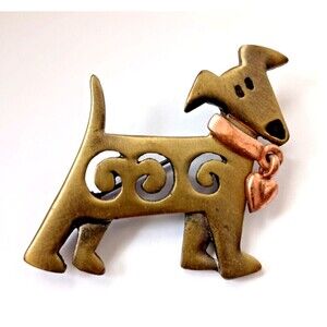 3D Cast Bronze Greyhound Puppy Brooch Moveable Heart Dangle Stylized